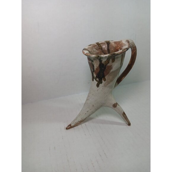Vintage Signed Studio Pottery Chinese Culture 3 Leg Wine Goblet Cup Mug - Picture 2 of 8